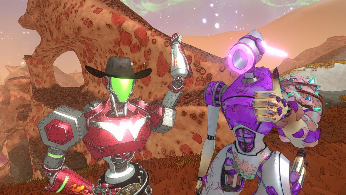 Official Mycopunk screenshot: two hazard crew robots standing in a dusty landscape