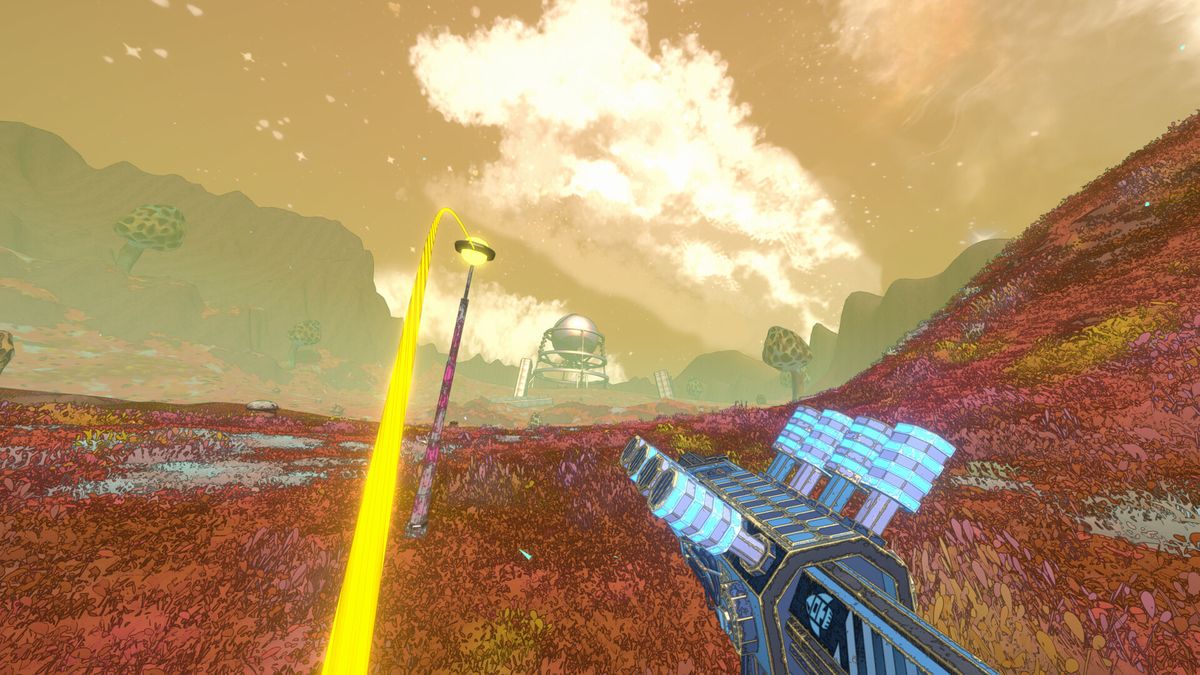 Official Mycopunk screenshot: a wide view of an industrial outpost on New Atlas