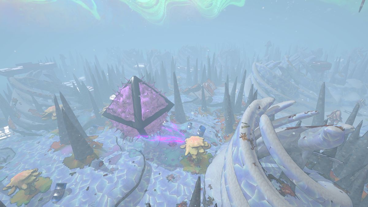 Official Mycopunk screenshot: a hazard crew robot in a cold blue biome